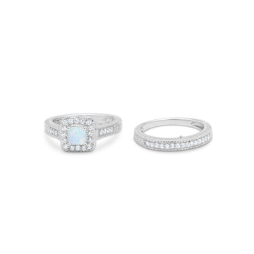 Two Piece Vintage Style Wedding Ring Lab Created White Opal 925 Sterling Silver